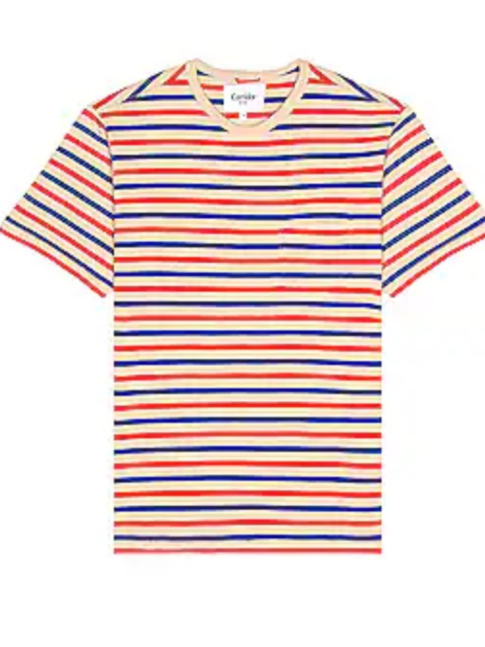 Corridor unisex Stripe Crewneck T-Shirt in Red, Blue & Cream with Front Pocket